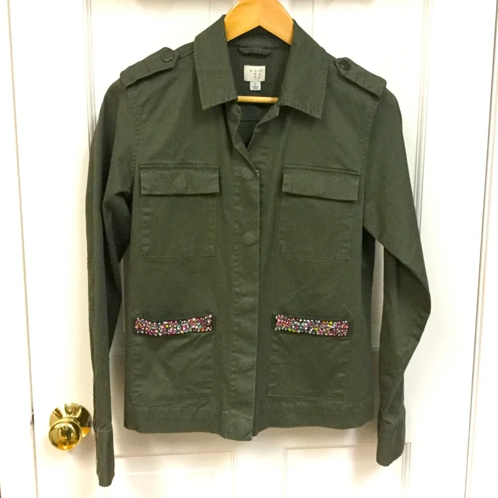 A NEW DAY sz Small Utility Jacket Beaded Trim Lightweight Pockets Olive Green